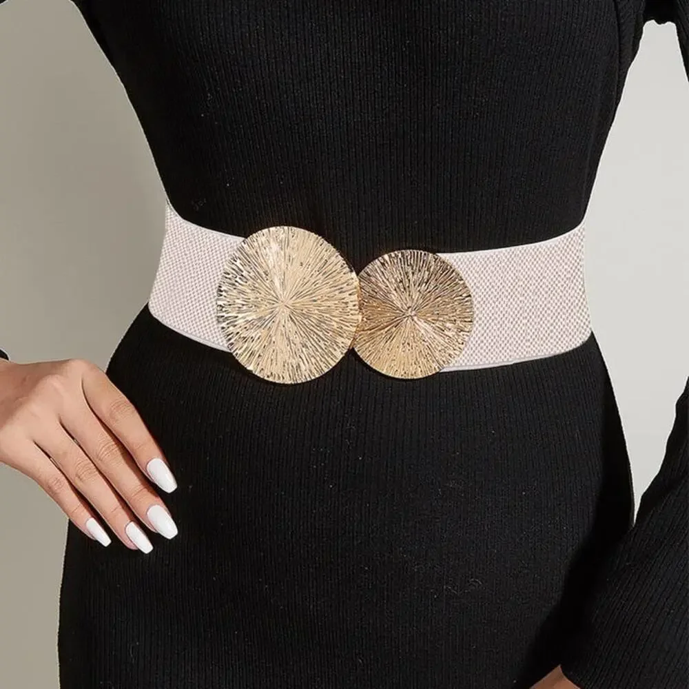 2/$30 NEW Elastic Wide Corset Safe Waist Belt Metallic Snap Buckle Beige Cinch…
